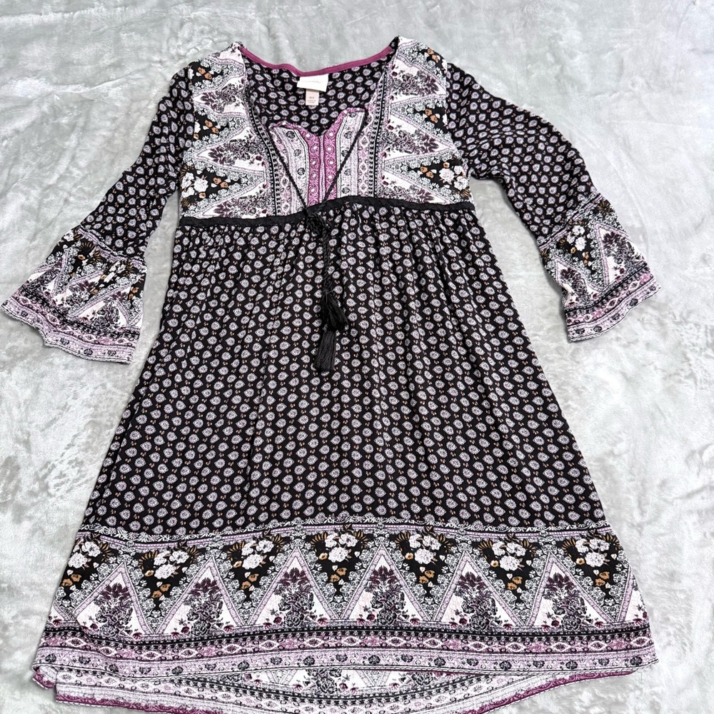 Knox Rose Black Purple Bohemian Floral Print Dress Bell 3/4 Sleeves XS